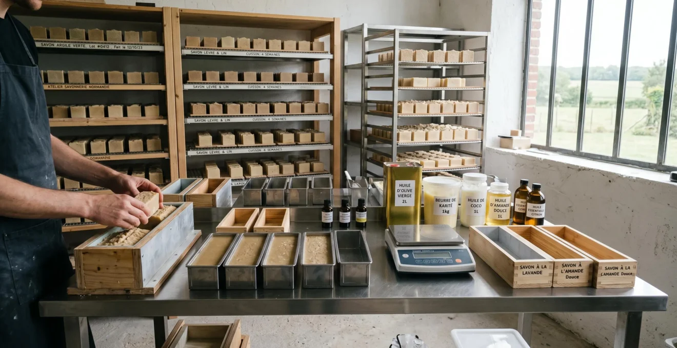 Atelier de savonnerie artisanale en Normandie avec plan de travail inox, moules à savon alignés, balance de précision et mains d'artisan démoulant un savon frais, étagères de séchage en arrière-plan