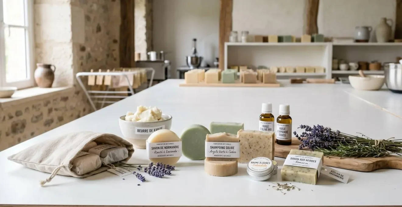 Comptoir blanc d'atelier de savonnerie artisanale avec savons solides bio, shampoings et baumes naturels disposés à côté d'ingrédients bruts comme karité et huiles végétales, dans une lumière douce