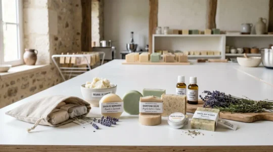 Comptoir blanc d'atelier de savonnerie artisanale avec savons solides bio, shampoings et baumes naturels disposés à côté d'ingrédients bruts comme karité et huiles végétales, dans une lumière douce