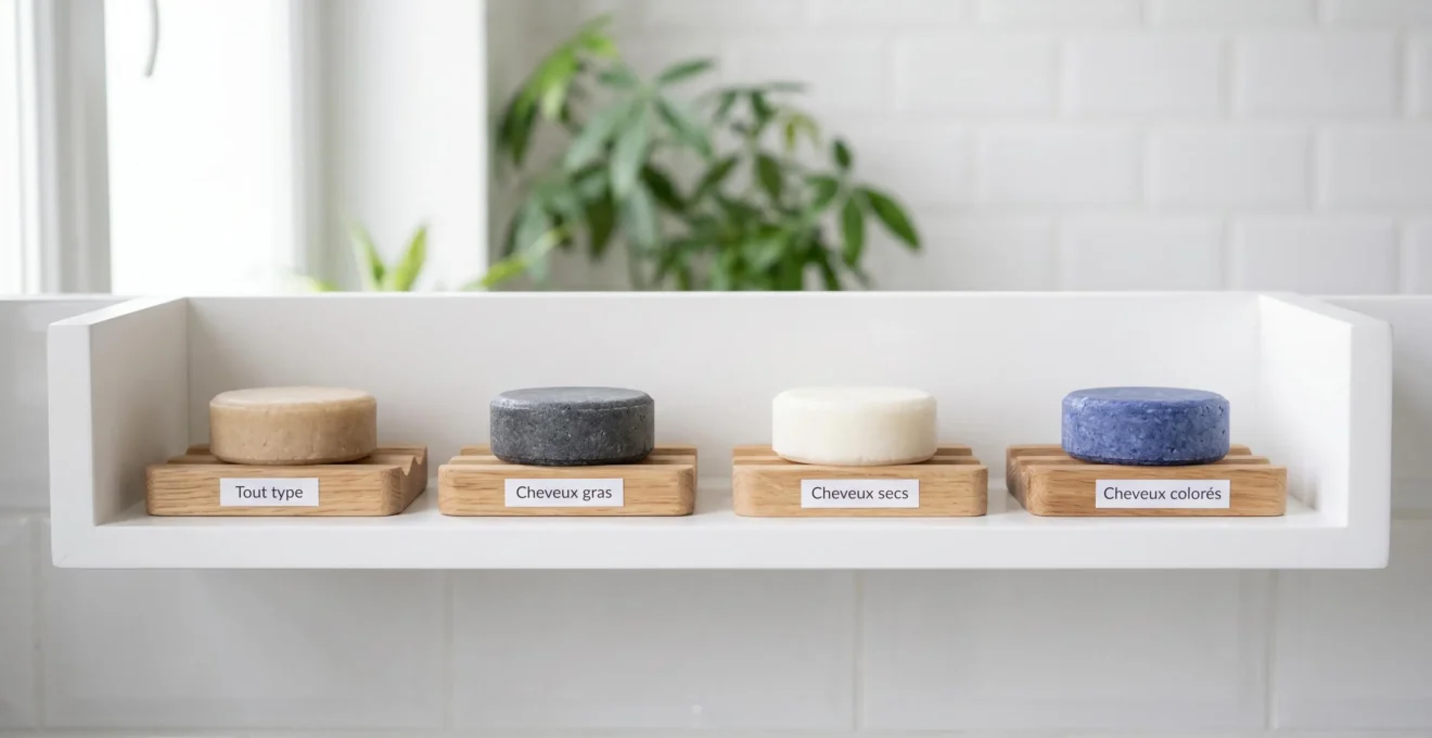 Étagère de salle de bain avec quatre shampoings solides de couleurs variées (beige, gris charbon, blanc, bleu) sur porte-savons en bois avec étiquettes françaises indiquant les types de cheveux