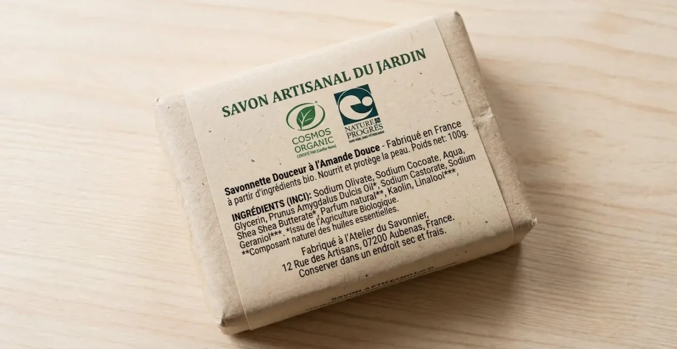 Étiquette en gros plan d'un savon artisanal français montrant les logos de certification Cosmos Organic et Nature & Progrès sur emballage kraft avec liste INCI visible