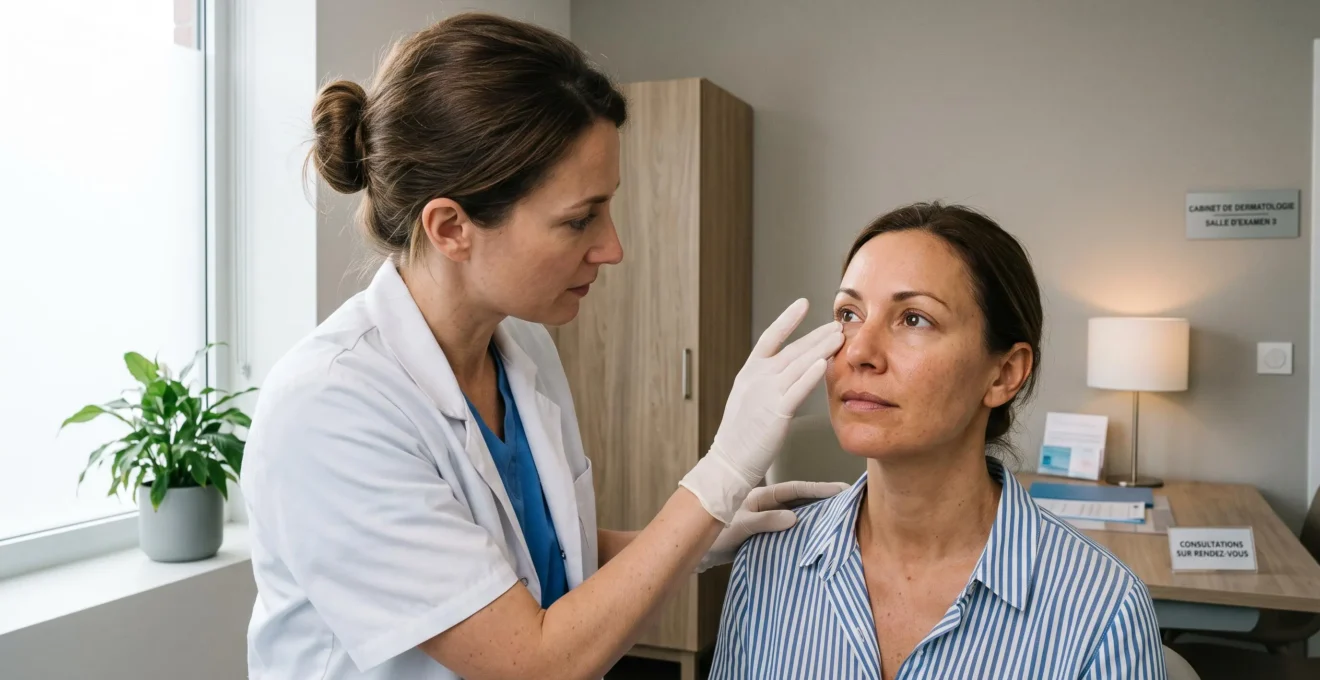 Dermatologue examinant le visage d'une patiente lors d'une consultation en médecine esthétique dans un cabinet moderne