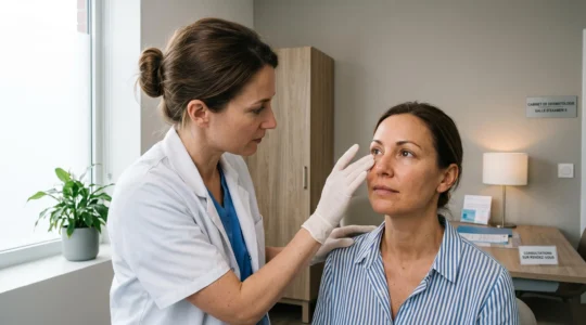 Dermatologue examinant le visage d'une patiente lors d'une consultation en médecine esthétique dans un cabinet moderne