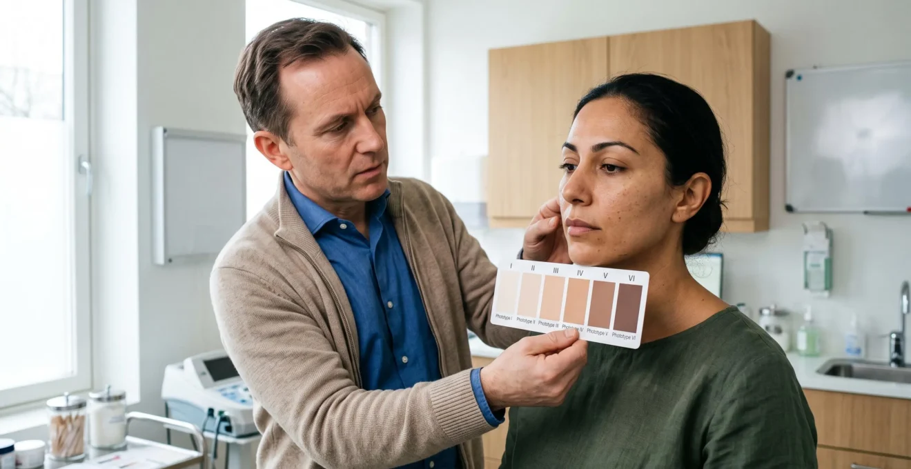 Dermatologue comparant le phototype d'une patiente avec l'échelle de Fitzpatrick lors d'une évaluation pré-traitement en cabinet médical