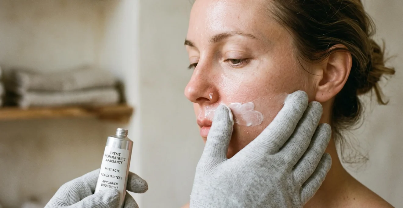 Mains gantées appliquant délicatement une crème apaisante sur un visage présentant des rougeurs après traitement dermatologique