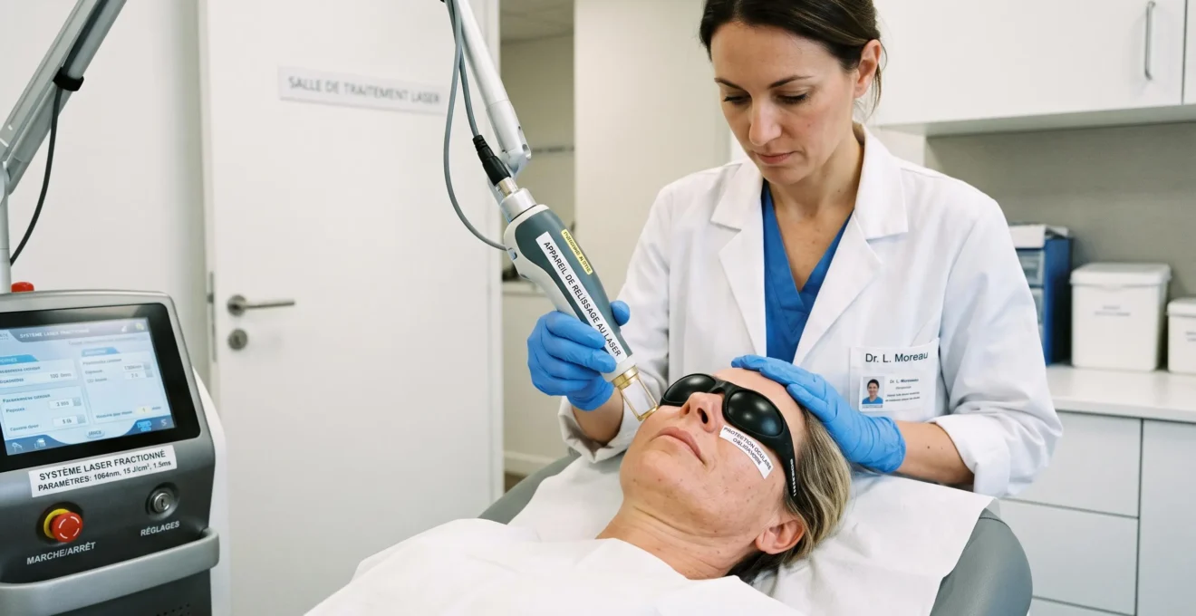 Praticien effectuant une séance de laser resurfaçant sur le visage d'une patiente portant des lunettes de protection dans une salle de traitement médicale